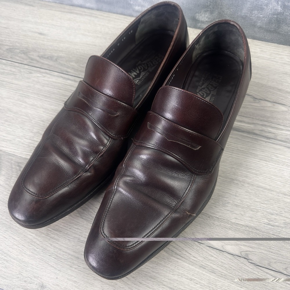 Salvatore Ferragamo Penny Loafers Mens 12 D Brown Leather Italy Flaw